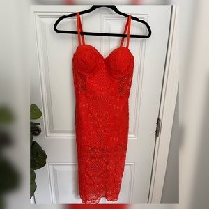 Red Bustier Lace Midi Dress